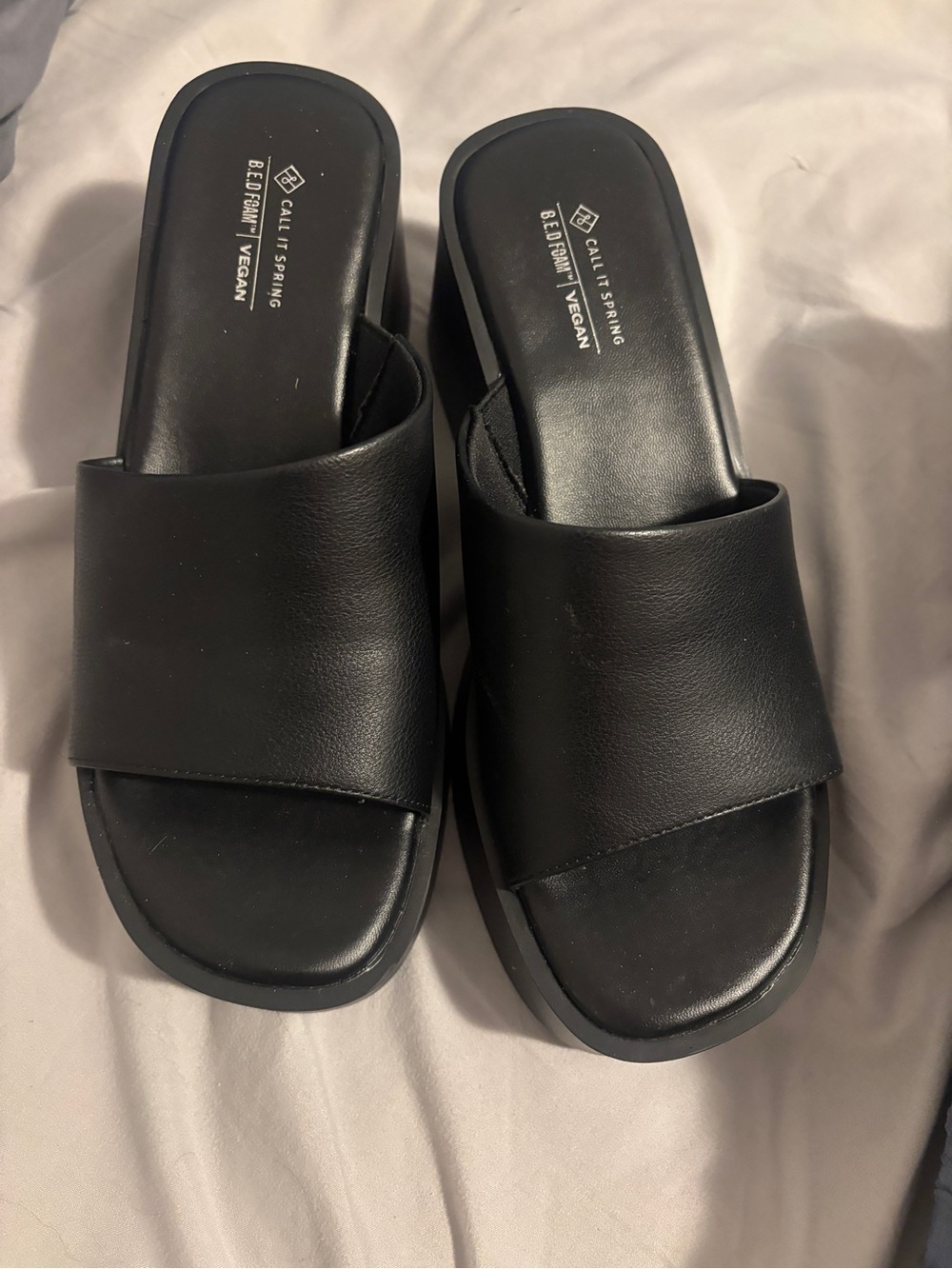 Call It Spring Black Wide-Band Vegan Slide Sandals